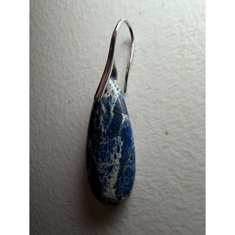 Blue Marbled Stone Teardrop Earring Silver Tone French Hook Boho Single‎ Earring